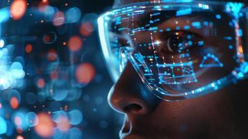 Person focuses intently while wearing advanced augmented reality glasses that display glowing data and visual elements in a vibrant, high tech setting during nighttime. photo