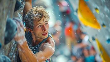 Climber trains intensely on a rock wall, displaying dedication and skill while attempting to reach the next hold among fellow competitors in a lively atmosphere. photo