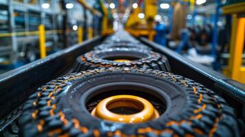 Heavy machinery moves tires along the assembly line in a modern factory, demonstrating automated production techniques and skilled labor at work. photo