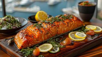 Succulent grilled salmon is beautifully plated with lemon slices and garnished with herbs, alongside fresh vegetables and a scenic marina view during daylight. photo