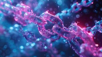 A close up view of interconnected chain links glistening with colorful lighting effects, showcasing water droplets on a dark background. The atmosphere feels dynamic and technological. photo