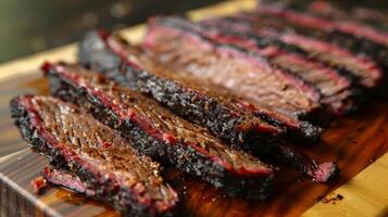 Savory slices of perfectly smoked brisket displayed on a wooden cutting board, showcasing rich textures and deep flavors ideal for a barbecue celebration with family and friends. photo