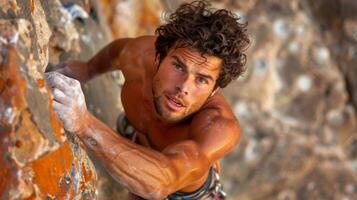 A climber uses chalked hands to grip holds on an intricate rock wall, displaying focus and determination while enjoying an afternoon of outdoor adventure. photo