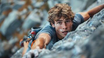 A young climber skillfully ascends a steep rock face, showcasing concentration and strength while surrounded by rugged terrain. The sun highlights the sheer cliffs and natural beauty. photo