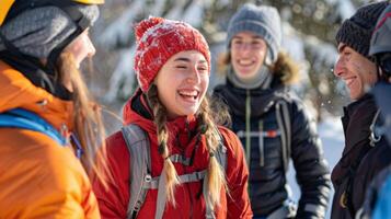 Friends share joyful moments in a snowy setting, wrapped in warm clothing. Bright colors contrast the white snow as they enjoy each other's company on a sunny day. photo