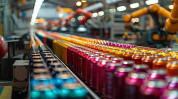 Robotic arms efficiently handle vibrant cans in a busy beverage production line. The industrial setting is filled with technology, showcasing automation and organization. photo
