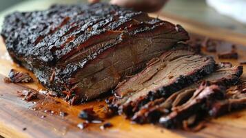 A beautifully smoked brisket showcases rich colors and textures, resting on a wooden board. The succulent meat is sliced, ready to be enjoyed by guests at an outdoor barbecue. photo