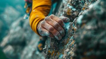 A climber's hand, dusted with chalk, firmly grips a rough rock surface as they navigate a steep ascent in a stunning mountainous setting, showcasing determination and skill. photo