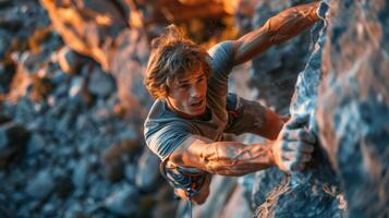 A climber ascends a steep rock face, gripping the rough surface with focused determination. The warm light of sunset bathes the scene, highlighting the climber's muscles and effort. photo