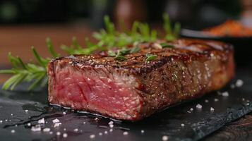 Juicy steak with a perfectly charred crust sits on a dark slate board, garnished with fresh herbs and sprinkled with coarse salt, appealing to food lovers. photo
