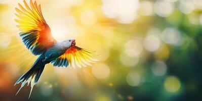 A colorful macaw spreads its wings wide while soaring through a warm tropical environment. photo
