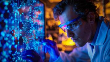 A scientist in a lab coat is examining intricate data visualizations on a glowing screen, surrounded by laboratory equipment and vibrant lighting in a modern research facility at night. photo