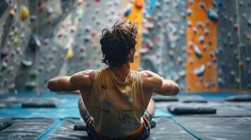 Climber sits on the padded floor of an indoor rock climbing gym, warming up and observing the colorful climbing walls adorned with various holds, preparing for a challenging ascent. photo
