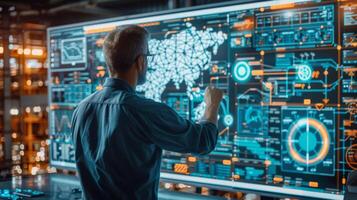 A professional monitors and interacts with a high tech digital interface showing various data points and maps, surrounded by glowing screens in a darkened control center. photo