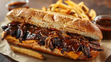 A hearty beef sandwich topped with onions and barbecue sauce, accompanied by crispy fries and two small bowls of dipping sauce in a welcoming dining environment. photo