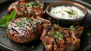 Tender grilled lamb chops garnished with fresh herbs served on a black plate alongside a creamy mint sauce, creating a delicious and appetizing dining experience. photo