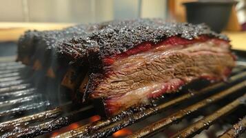 A succulent brisket with a deep, dark crust rests on a grill, releasing savory steam while cooking slowly over open flames, capturing the essence of outdoor barbecue culture at dusk. photo