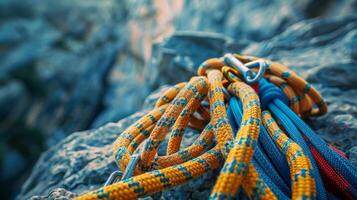 Colorful climbing ropes and carabiners lie on rough rocks, illuminated by the soft morning light, ready for an adventurous ascent in a natural landscape. photo