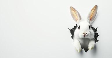 A charming white bunny is playfully peeking through a torn section of white wall, bringing a festive and whimsical touch to an Easter celebration. photo