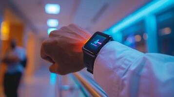 A smartwatch on a person's wrist shows detailed analytics from a mindfulness app. The setting features vibrant lighting and a blurred figure in the background, indicating a telemedicine environment. photo