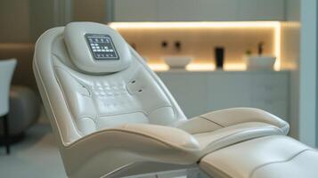 A sleek therapy chair equipped with control panels, set in a calming space designed for digital mental health and mindfulness practices. Ideal for remote healthcare sessions. photo