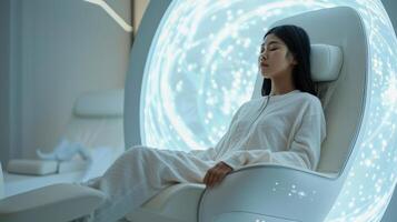 A person is seated in a futuristic therapy chair, engaging in a mindfulness session. Soothing light patterns surround the individual in a serene environment, enhancing relaxation and focus. photo