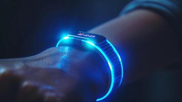 A wrist worn device emits a soft blue light, indicating active functionality. This digital therapy tool is designed to support mindfulness and mental health practices through technology. photo