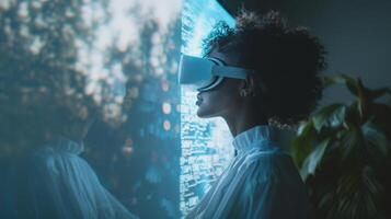 A person engages with virtual reality technology in a serene environment, experiencing digital therapy designed to improve mental health and mindfulness practices. photo