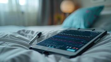 A tablet displaying digital therapy analytics sits on a bed, indicating the use of mindfulness and mental health applications in a relaxed bedroom environment. photo