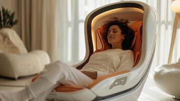A woman is enjoying a mindfulness session in an innovative therapy pod, surrounded by a serene living space with soft lighting, promoting mental wellness and relaxation. photo