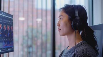 A person practices mindfulness and mental health management using digital therapy applications while seated at a desk, wearing headphones in a contemporary office environment. photo