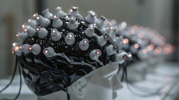 A series of high tech brainwave monitoring devices designed for digital therapy is displayed in a modern clinical setting. photo
