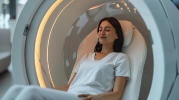 A woman engages in a digital therapy session aimed at enhancing mindfulness and mental health, utilizing advanced technology in a calming environment designed for telemedicine use. photo