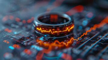 A close up view of a ring placed on a digital screen displaying colorful data patterns and heart rate visuals, reflecting the connection between technology and mental wellness. photo