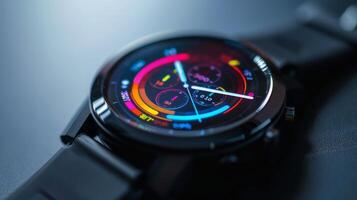A smartwatch screen features a colorful display of digital therapy and mindfulness app metrics, emphasizing the importance of mental health care through technology for users today. photo