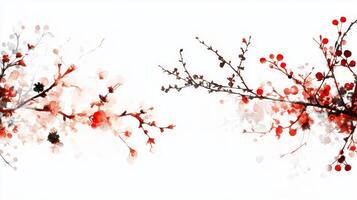 Springtime brings a stunning display of cherry blossoms, showcasing delicate branches adorned with vibrant red blooms against a soft white background. photo