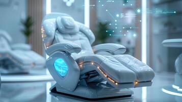 A sleek digital therapy chair designed for relaxation and mental health support is showcased in a contemporary telemedicine setting. The chair is equipped with advanced technology features. photo