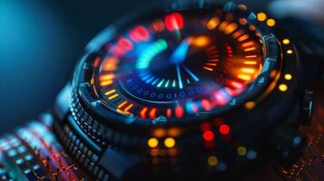 A close up view on a vibrant digital watch that symbolizes the intersection of technology and mental wellness, showcasing features that enhance mindfulness and self care. photo