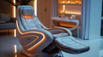 A modern therapy chair equipped with soft lighting, providing a comfortable space for digital mental health sessions focused on mindfulness and relaxation techniques. photo