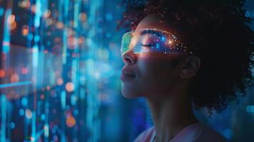 Individual experiences sustainable mental health support through digital therapy, utilizing mindfulness apps and telemedicine technologies in a serene, tech infused space. photo