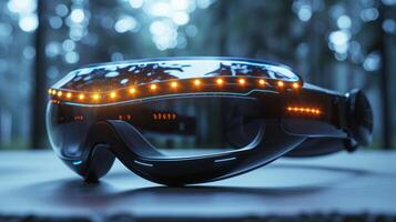 Mindfulness training tool featuring advanced technology for mental health support. The device is positioned on a table amidst a serene outdoor environment, focusing on therapy and wellness. photo