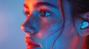 Focus on a young person's face illuminated by colorful lights, reflecting their engagement with mindfulness through digital therapy applications, emphasizing mental health benefits. photo