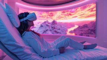 A person relaxes in a comfortable space while using virtual reality technology to engage in a mindfulness exercise, surrounded by vivid, scenic imagery that promotes relaxation. photo