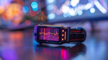A cutting edge digital therapy device displays a colorful heart rate monitor against a blurred, luminous backdrop, emphasizing the integration of technology and mental wellness practices. photo