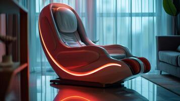 A modern massage chair illuminated with soft lighting sits in a tranquil room, promoting relaxation and mindfulness for mental health therapy and digital wellness. photo