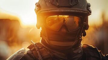 A soldier equipped with tactical gear and reflective goggles stands tall against a vibrant sunset, showcasing a moment from a military training exercise captured in warm lighting. photo
