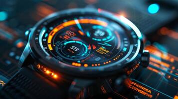 A smartwatch displays vibrant graphics related to digital therapy and mindfulness apps, illustrating features that focus on mental health and telemedicine support for users. photo