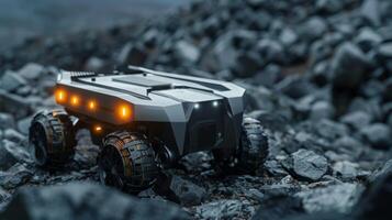 A compact robotic vehicle navigates through a rugged landscape filled with large stones while displaying glowing lights, showcasing advanced technology in an extraterrestrial environment. photo