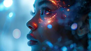 A focused individual with a bright gaze is surrounded by vibrant digital patterns, representing the blend of technology, mindfulness, and mental health awareness in modern practice. photo