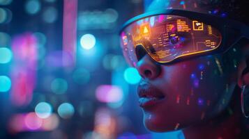 A person wearing high tech glasses is immersed in a vibrant digital environment. The glasses display various health related metrics, highlighting the intersection of technology and mental health. photo